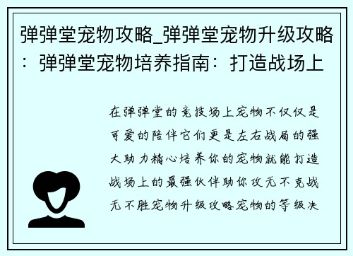 弹弹堂宠物攻略_弹弹堂宠物升级攻略：弹弹堂宠物培养指南：打造战场上的最强伙伴